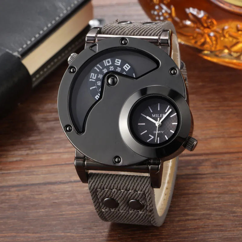 Fashion Blue Watches Men Sports Watches 2 Time Zone Blue Canvas Leather Strap Quartz Wristwatches Men Relogio Masculino 2021