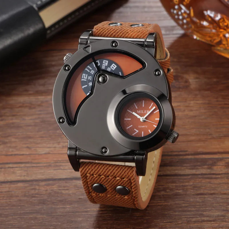 Fashion Blue Watches Men Sports Watches 2 Time Zone Blue Canvas Leather Strap Quartz Wristwatches Men Relogio Masculino 2021