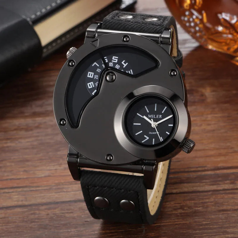Fashion Blue Watches Men Sports Watches 2 Time Zone Blue Canvas Leather Strap Quartz Wristwatches Men Relogio Masculino 2021