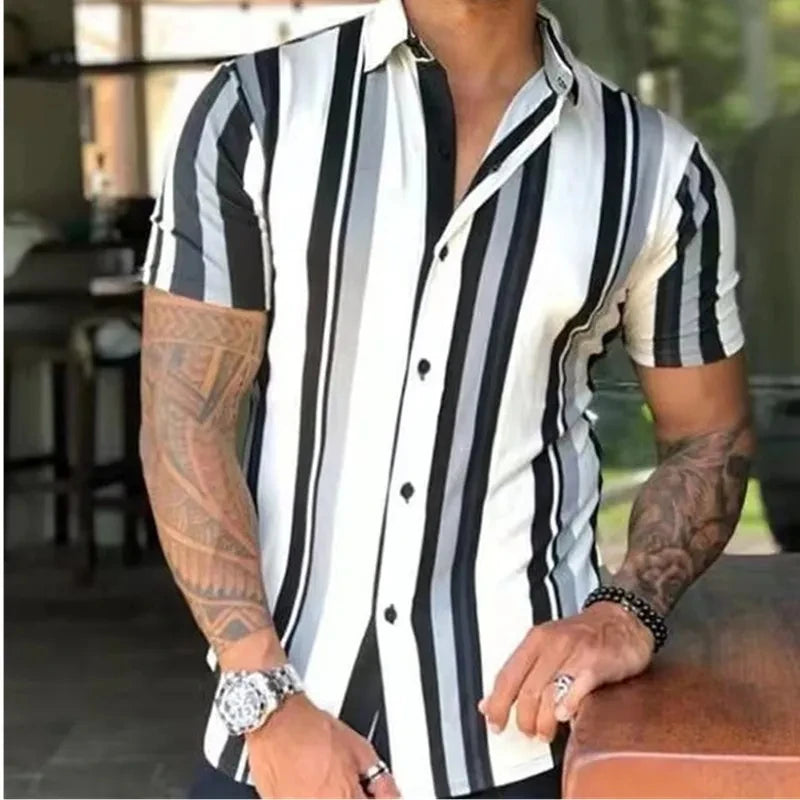 2026 New Men's Fashion Striped Printed Short Sleeved T-shirt Summer Top Men's Button Casual T-shirt Clothing