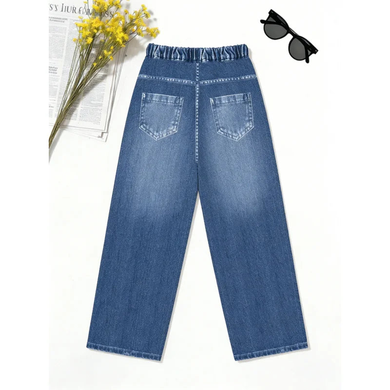 2026Children's English+Ripped Faux Denim Jeans Children's Campus Fashion Street Casual Pants