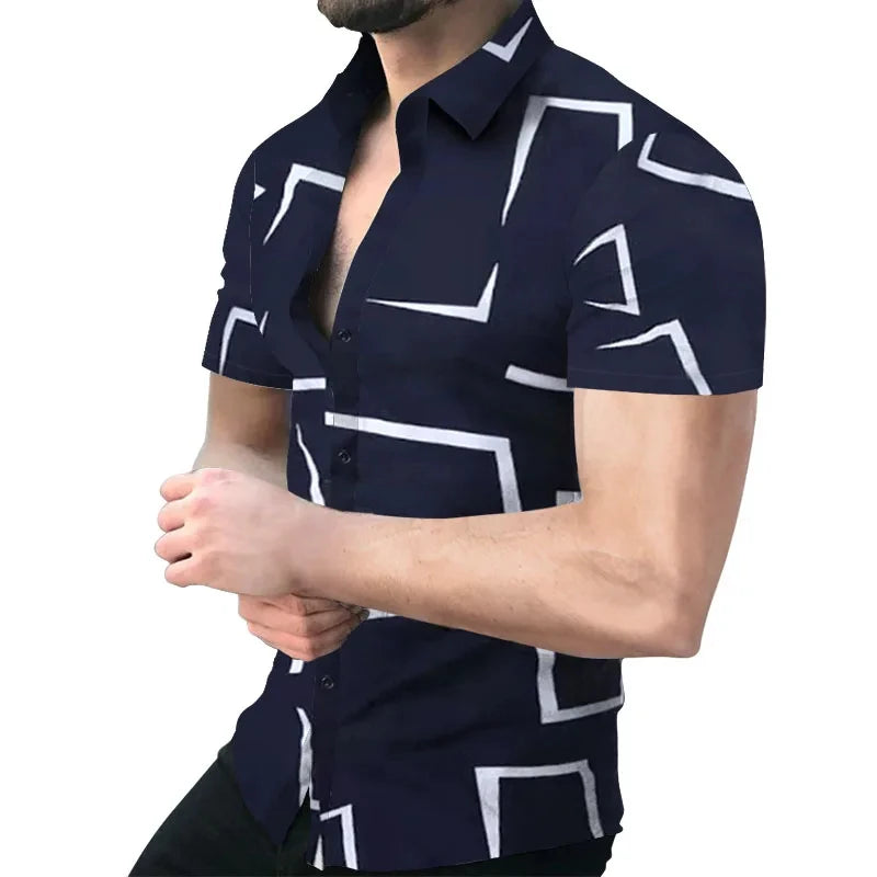 2026 New Men's Fashion Striped Printed Short Sleeved T-shirt Summer Top Men's Button Casual T-shirt Clothing