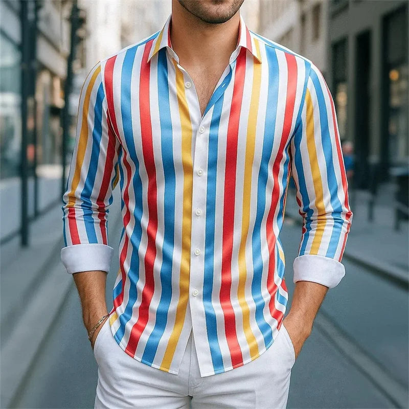 New Men's Striped Long-Sleeved Shirt, Stylish Design, Lapel Collar, Casual and Trendy Men's Top, Outdoor and Street Style