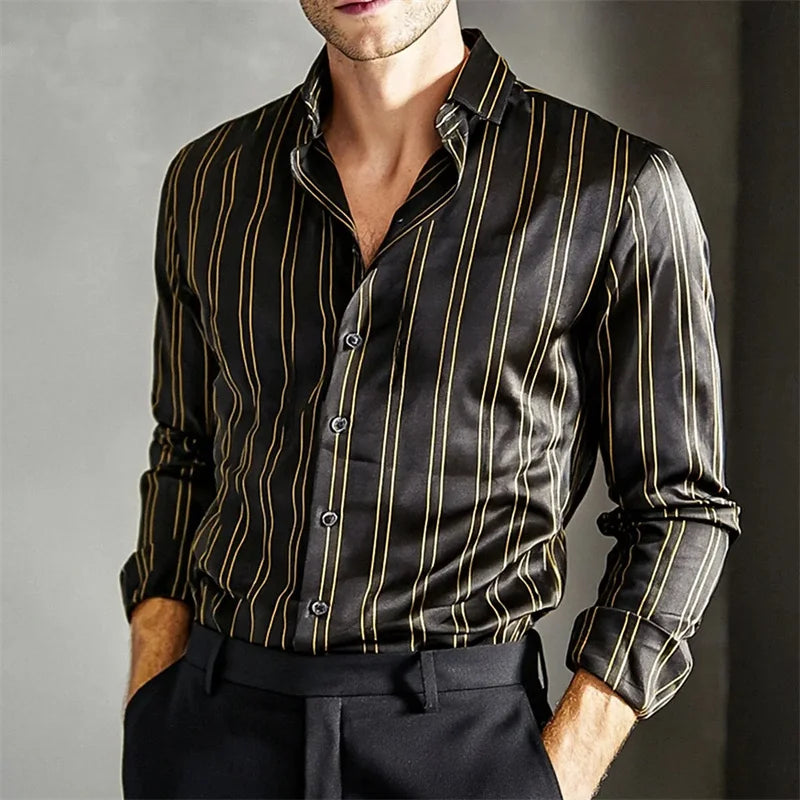 New Men's Striped Long-Sleeved Shirt, Stylish Design, Lapel Collar, Casual and Trendy Men's Top, Outdoor and Street Style