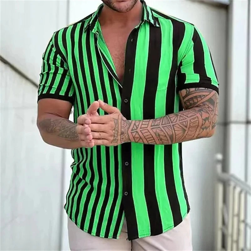 2026 New Men's Fashion Striped Printed Short Sleeved T-shirt Summer Top Men's Button Casual T-shirt Clothing