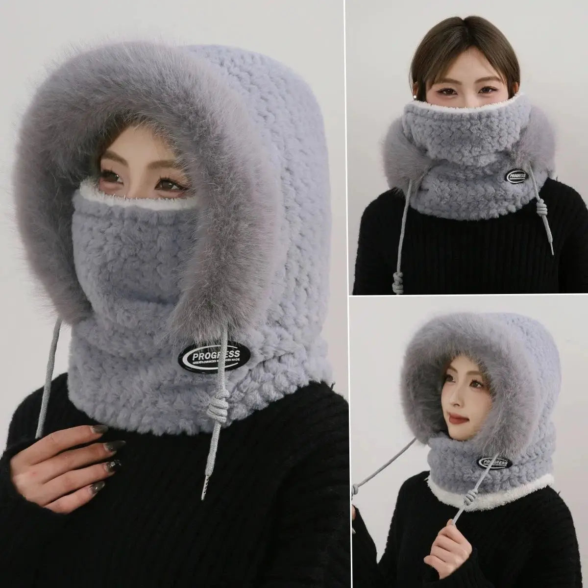 Women's Winter Thermal Hood Soft Plush Hat with Scarf and Mask, Windproof Ear Protection for Outdoor Riding and Cycling