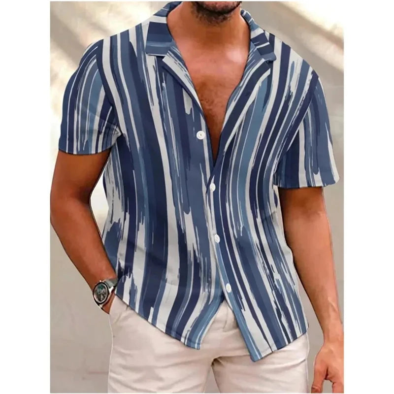 2026 New Men's Fashion Striped Printed Short Sleeved T-shirt Summer Top Men's Button Casual T-shirt Clothing