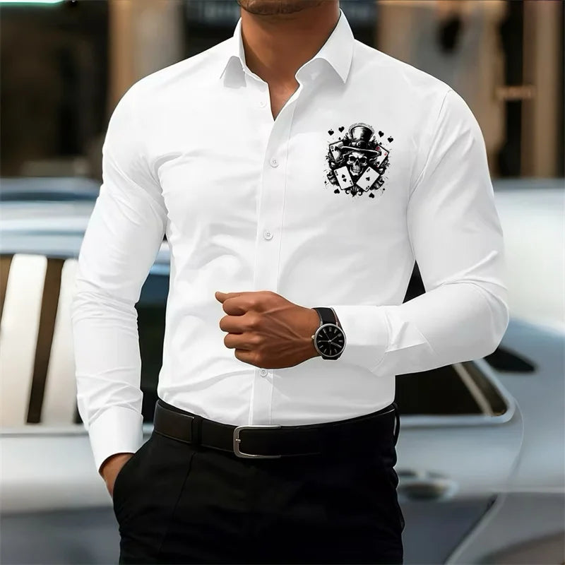 Men's Slim-Fit Long-Sleeve White Shirt with Poker Skull Print Design, Stylish Business Shirt, Outdoor Street Casual Men's Top