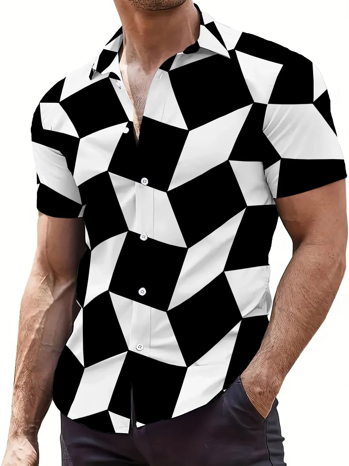 2026 Summer New Style Men's Short-Sleeved Shirt with 3D Check Pattern Print Street Casual Fashion Comfortable and Soft