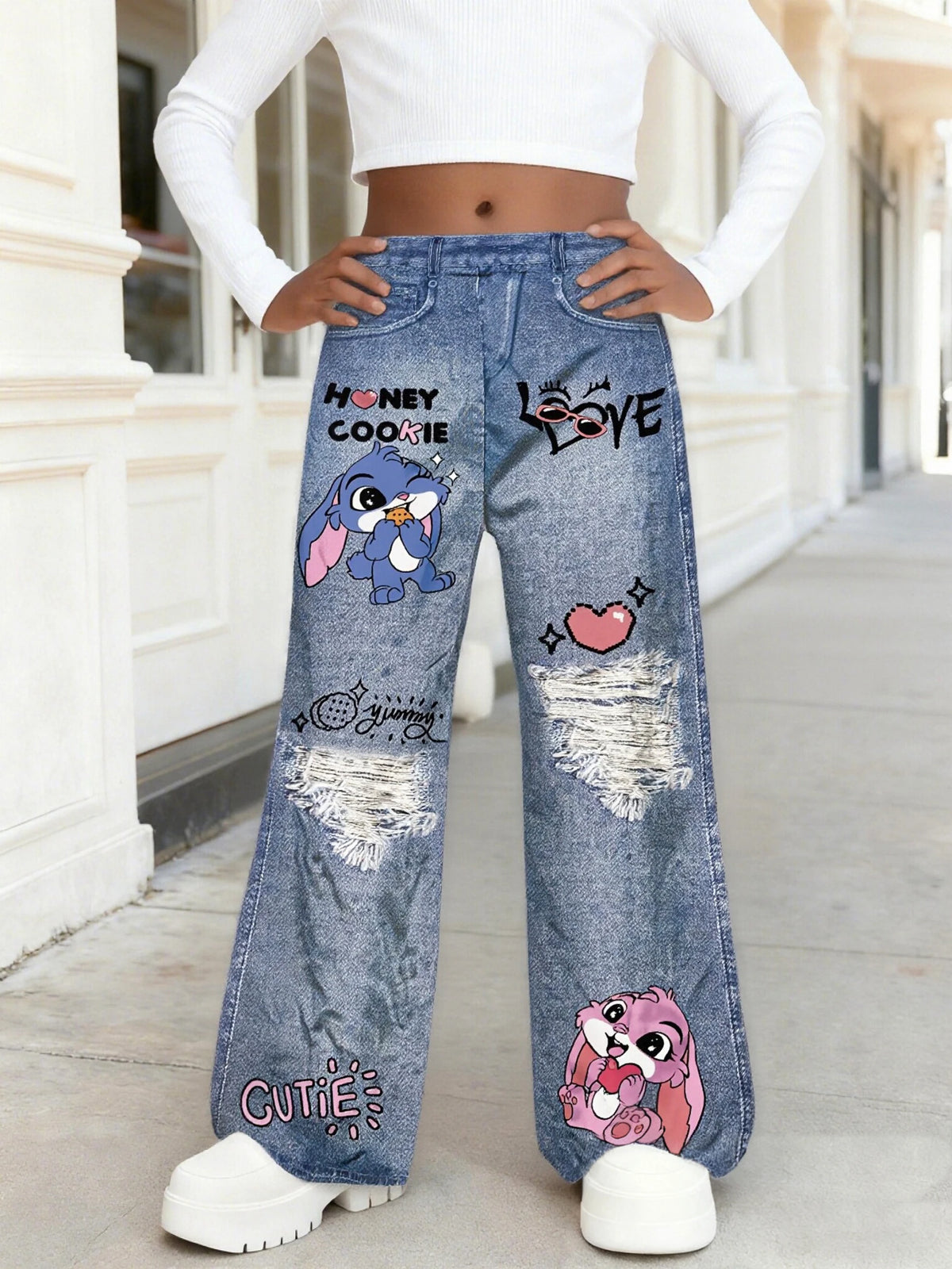 Hot Sale Kids Girls Cartoon Bunny Print Ripped Wide Leg Faux Jeans - Fashionable Ripped Faux Jeans for Kids Streetwear