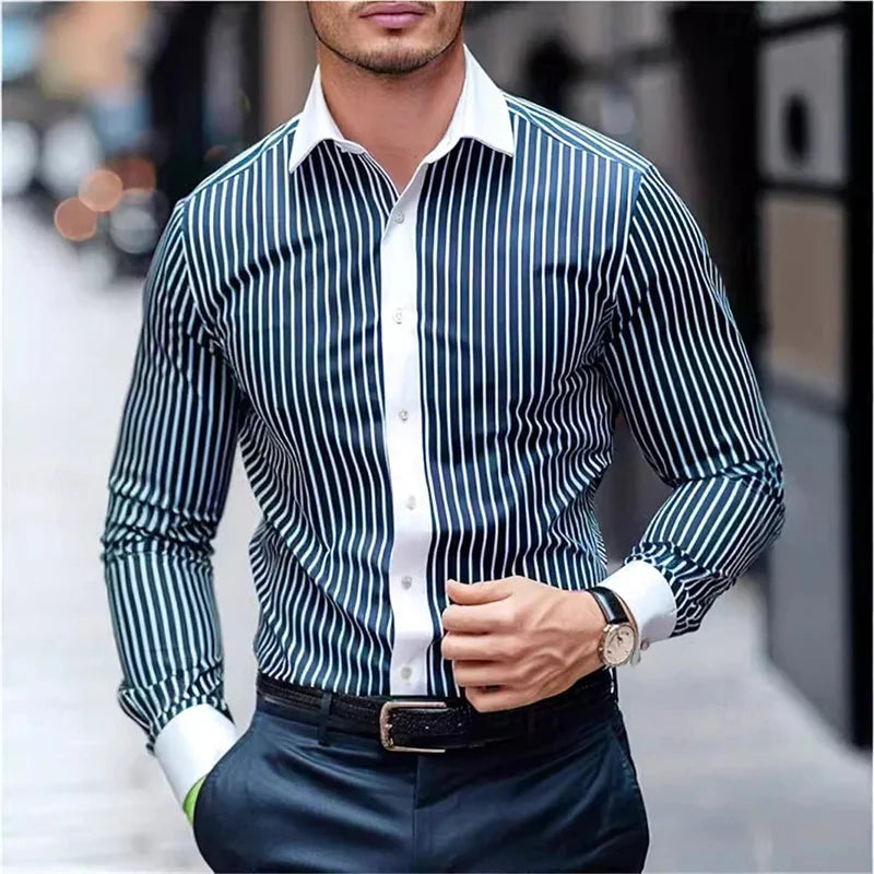 New Men's Striped Long-Sleeved Shirt, Stylish Design, Lapel Collar, Casual and Trendy Men's Top, Outdoor and Street Style