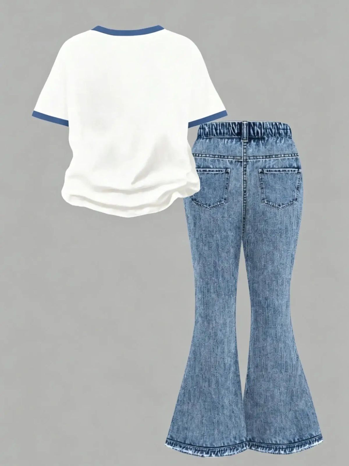 Girls' Summer and Autumn Casual Outfit Set: Girls' Heart-Print Two-Piece Set with Contrasting Color Trim Short-Sleeve T-Shirt + Faux Denim Flared Pants Set, Suitable for Girls Aged 4-12, for Home and Outing Wear