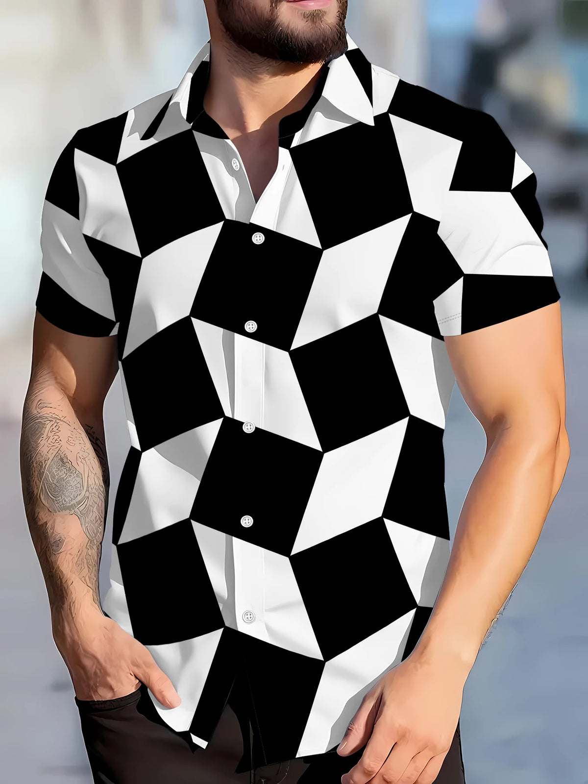 2026 Summer New Style Men's Short-Sleeved Shirt with 3D Check Pattern Print Street Casual Fashion Comfortable and Soft