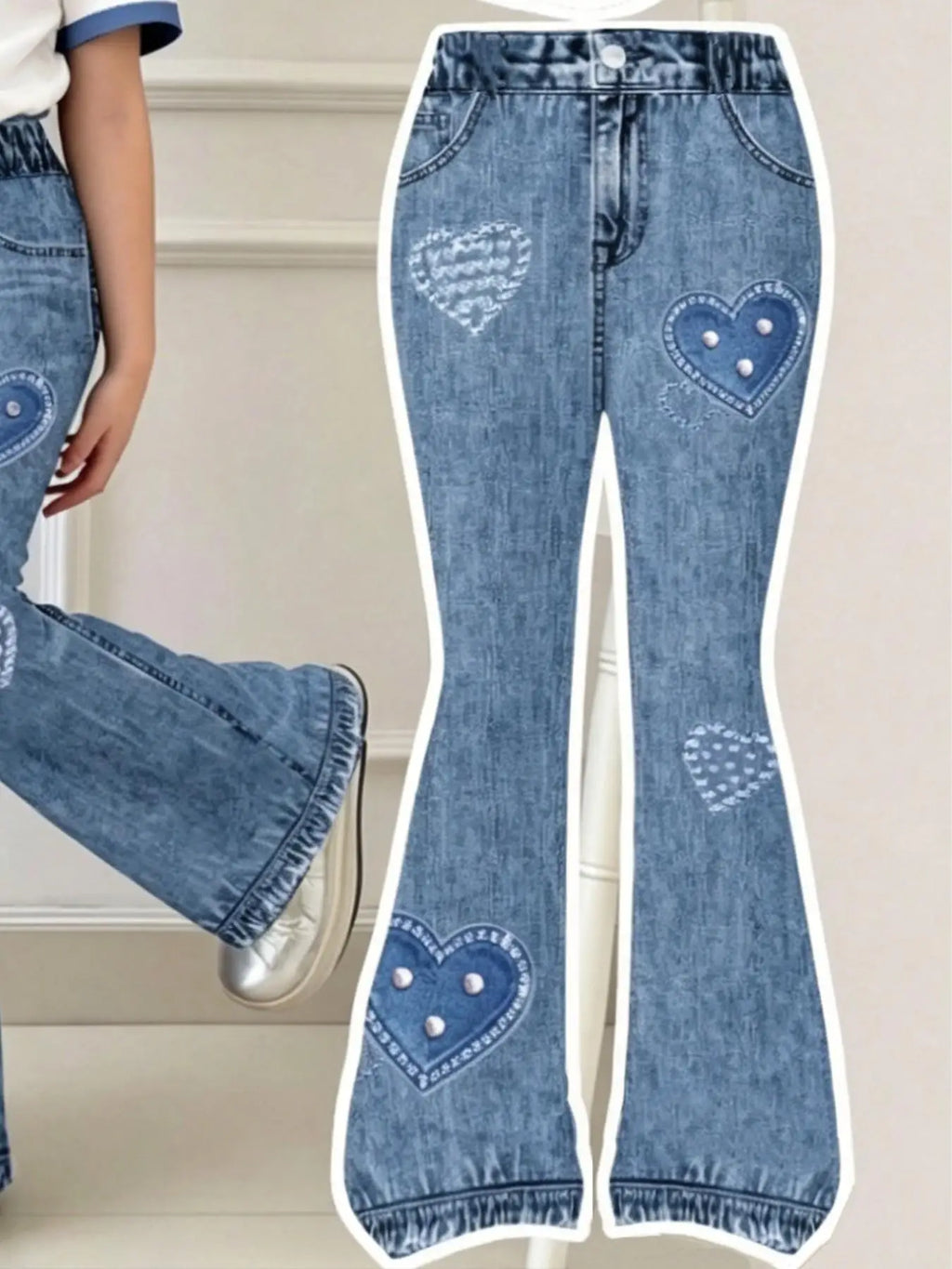 Girls' Summer and Autumn Casual Outfit Set: Girls' Heart-Print Two-Piece Set with Contrasting Color Trim Short-Sleeve T-Shirt + Faux Denim Flared Pants Set, Suitable for Girls Aged 4-12, for Home and Outing Wear