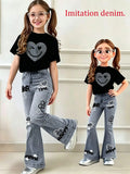 Girls' Summer Casual Outfit: T-Shirt with Heart and Smiley Face Print + Faux Denim "Happy Time" Graffiti Flared Pants Two-Piece Set Suitable for Children Aged 4-12, Versatile Clothing