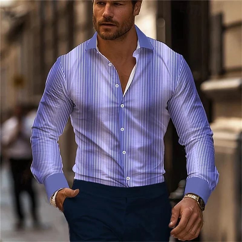 New Men's Striped Long-Sleeved Shirt, Stylish Design, Lapel Collar, Casual and Trendy Men's Top, Outdoor and Street Style