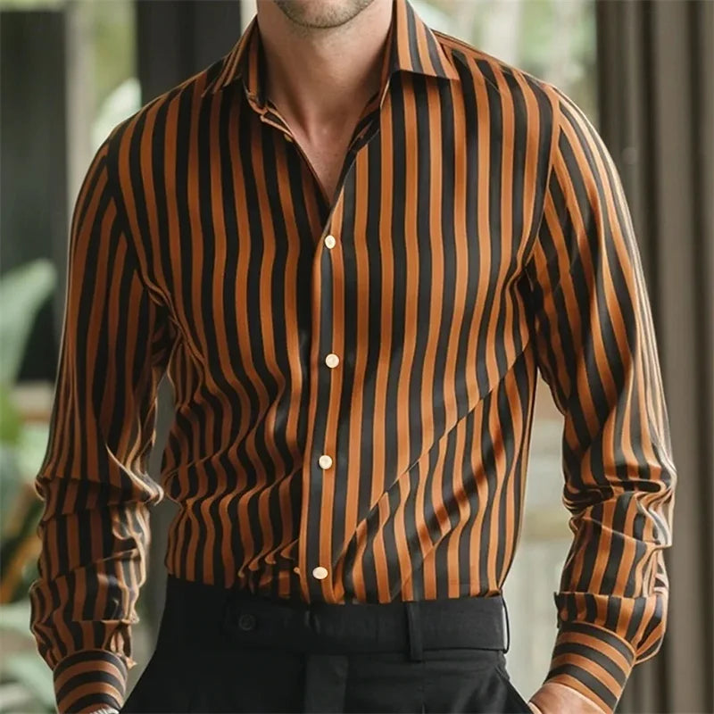 New Men's Striped Long-Sleeved Shirt, Stylish Design, Lapel Collar, Casual and Trendy Men's Top, Outdoor and Street Style