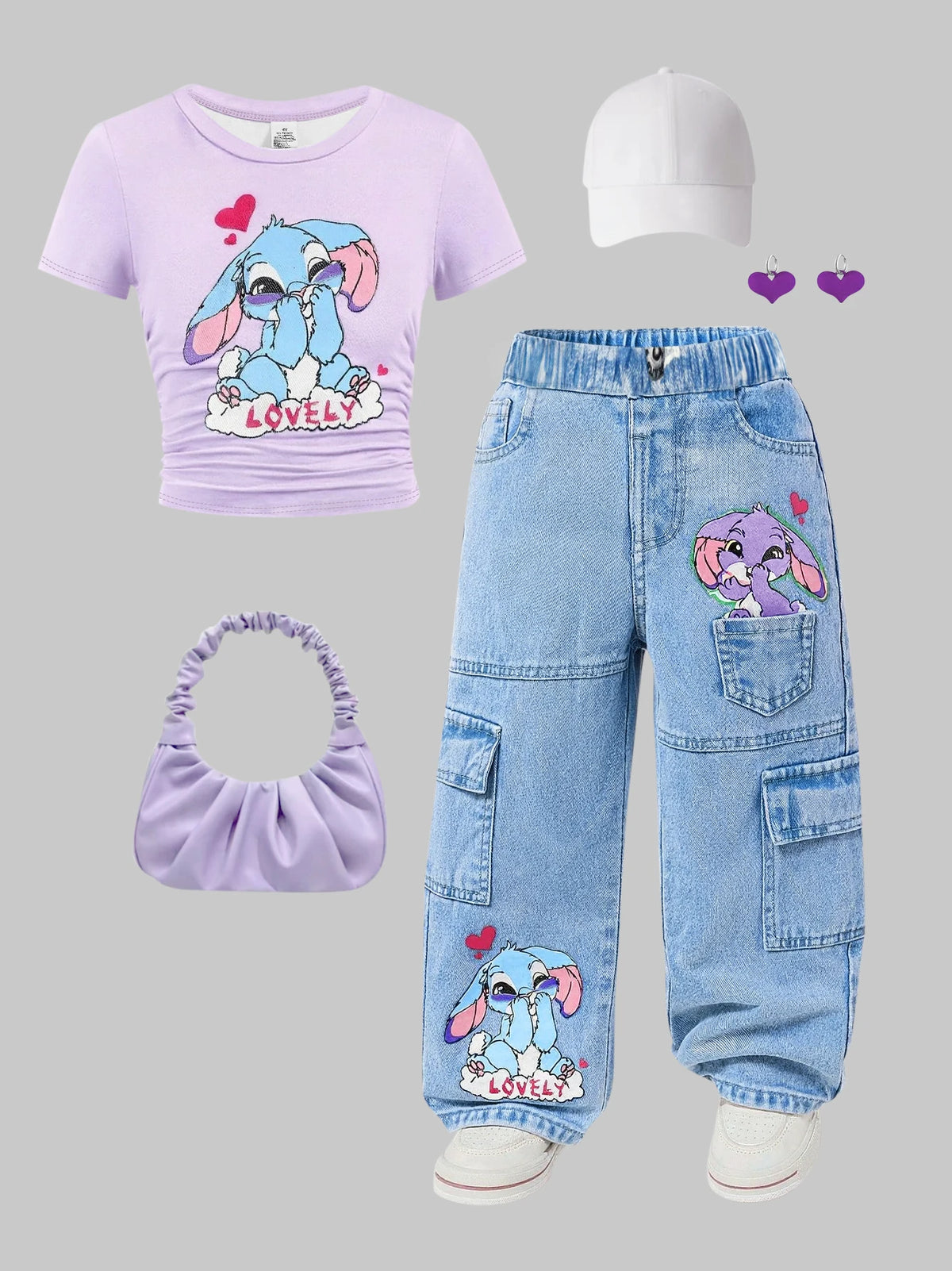 2Pcs Girls' Spring/Summer Outfit: Cute Cartoon Rabbit Print Short Sleeve T-Shirt + Elastic Waist Faux Denim Print Straight-Leg Pants, Fashionable and Playful Youthful Clothing for Girls, Suitable for Daily Wear, Home, Outdoor