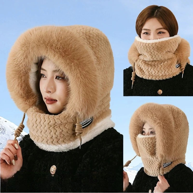 Women's Winter Thermal Hood Soft Plush Hat with Scarf and Mask, Windproof Ear Protection for Outdoor Riding and Cycling