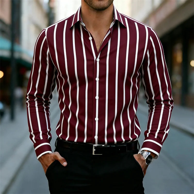 New Men's Striped Long-Sleeved Shirt, Stylish Design, Lapel Collar, Casual and Trendy Men's Top, Outdoor and Street Style