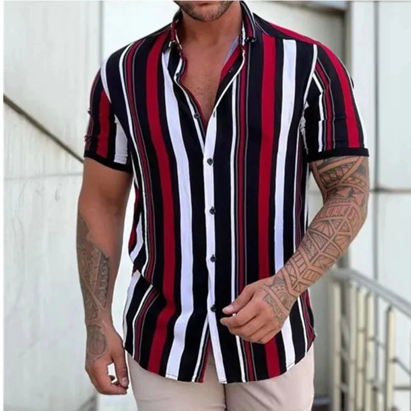 2026 New Men's Fashion Striped Printed Short Sleeved T-shirt Summer Top Men's Button Casual T-shirt Clothing