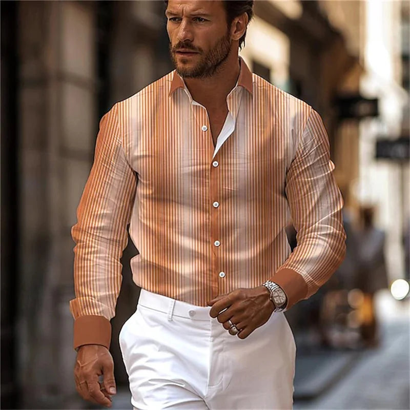 New Men's Striped Long-Sleeved Shirt, Stylish Design, Lapel Collar, Casual and Trendy Men's Top, Outdoor and Street Style
