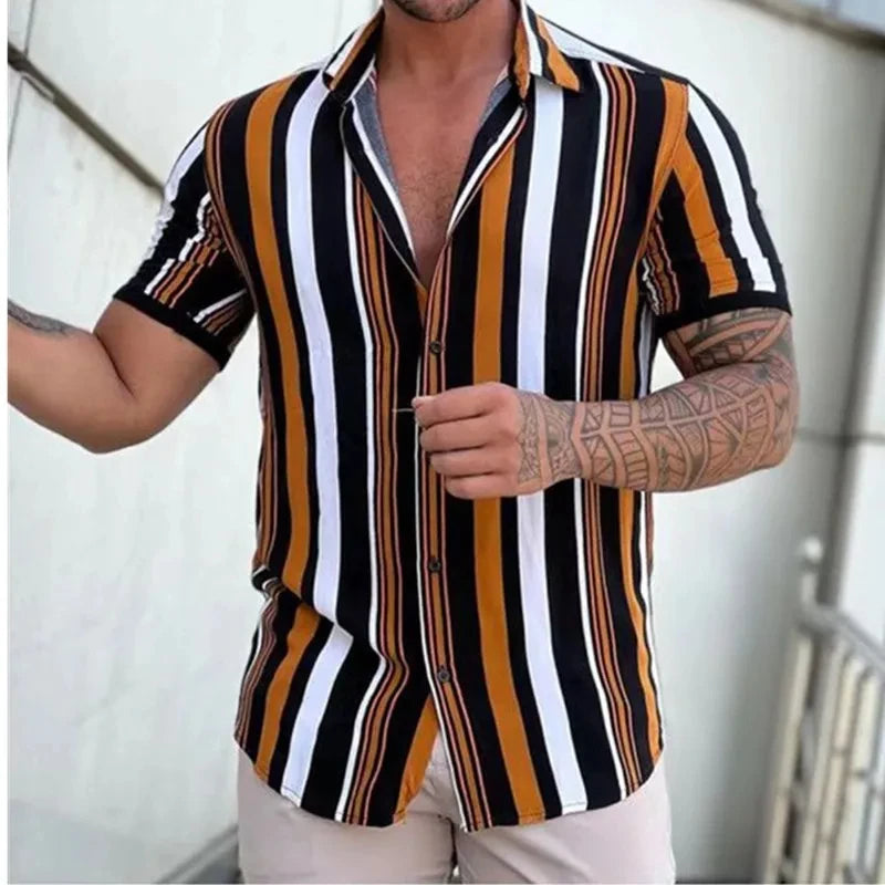 2026 New Men's Fashion Striped Printed Short Sleeved T-shirt Summer Top Men's Button Casual T-shirt Clothing