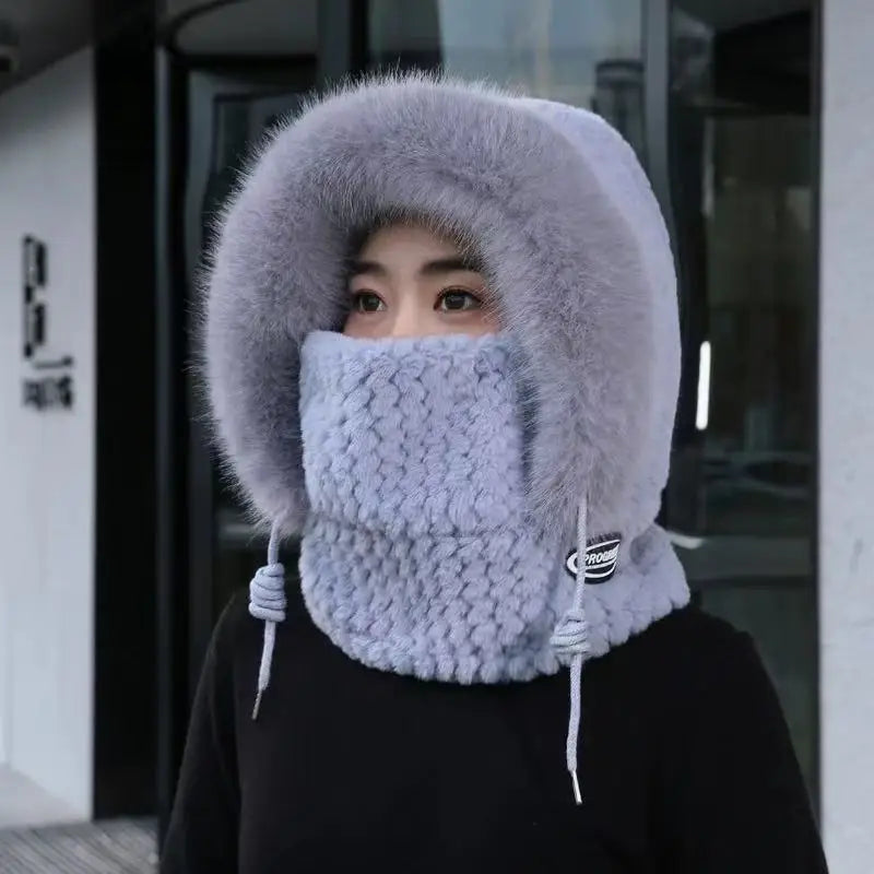 Women's Winter Thermal Hood Soft Plush Hat with Scarf and Mask, Windproof Ear Protection for Outdoor Riding and Cycling