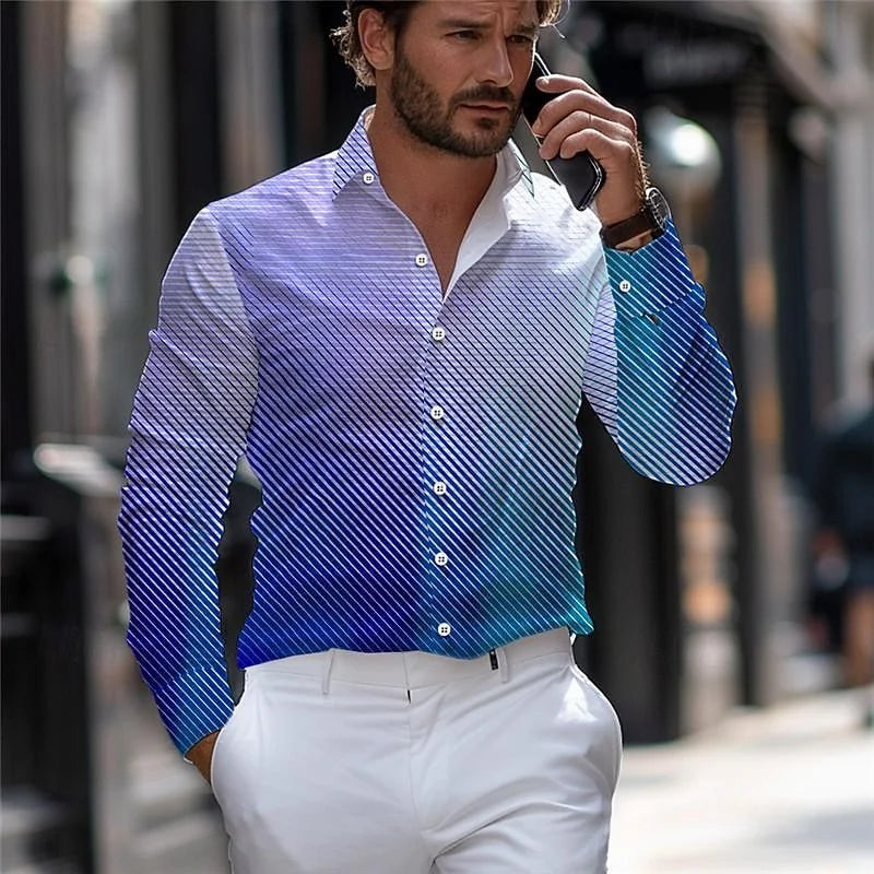 New Men's Striped Long-Sleeved Shirt, Stylish Design, Lapel Collar, Casual and Trendy Men's Top, Outdoor and Street Style