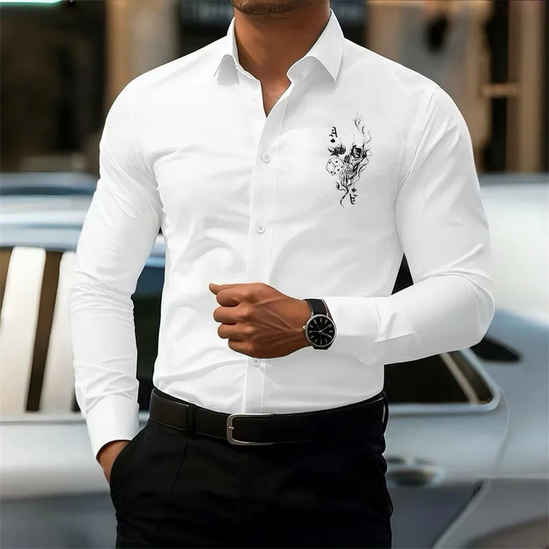 Men's Slim-Fit Long-Sleeve White Shirt with Poker Skull Print Design, Stylish Business Shirt, Outdoor Street Casual Men's Top