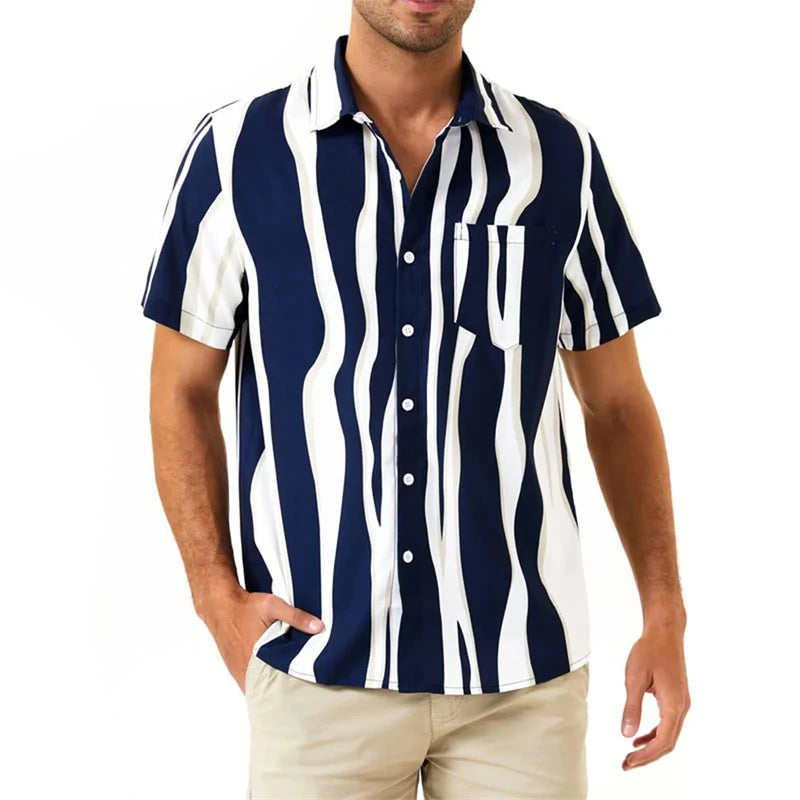 2026 New Men's Fashion Striped Printed Short Sleeved T-shirt Summer Top Men's Button Casual T-shirt Clothing