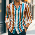 New Men's Striped Long-Sleeved Shirt, Stylish Design, Lapel Collar, Casual and Trendy Men's Top, Outdoor and Street Style