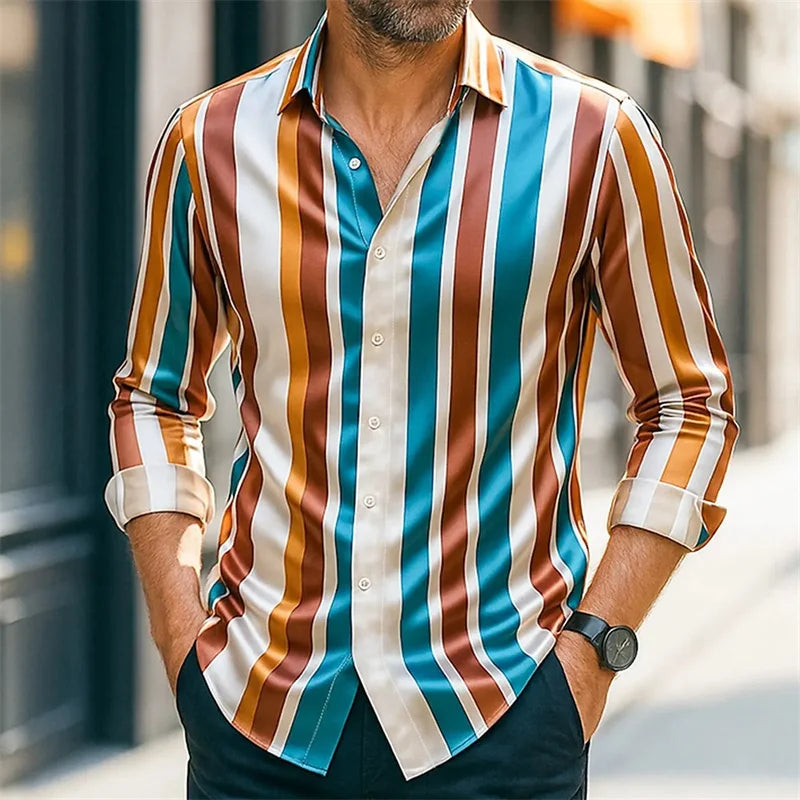 New Men's Striped Long-Sleeved Shirt, Stylish Design, Lapel Collar, Casual and Trendy Men's Top, Outdoor and Street Style