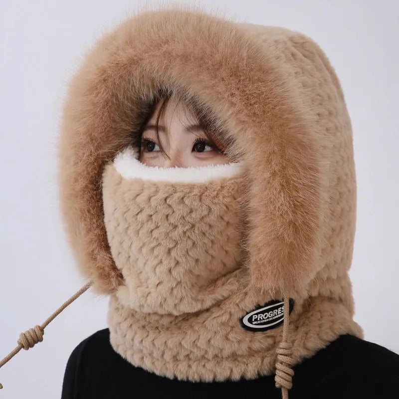 Women's Winter Thermal Hood Soft Plush Hat with Scarf and Mask, Windproof Ear Protection for Outdoor Riding and Cycling