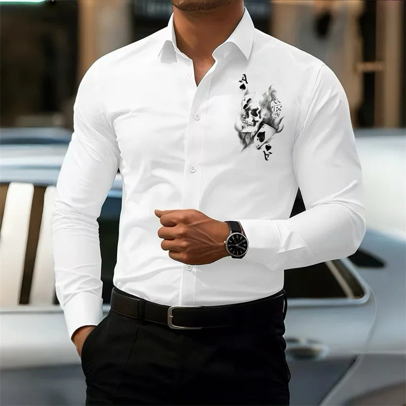 Men's Slim-Fit Long-Sleeve White Shirt with Poker Skull Print Design, Stylish Business Shirt, Outdoor Street Casual Men's Top