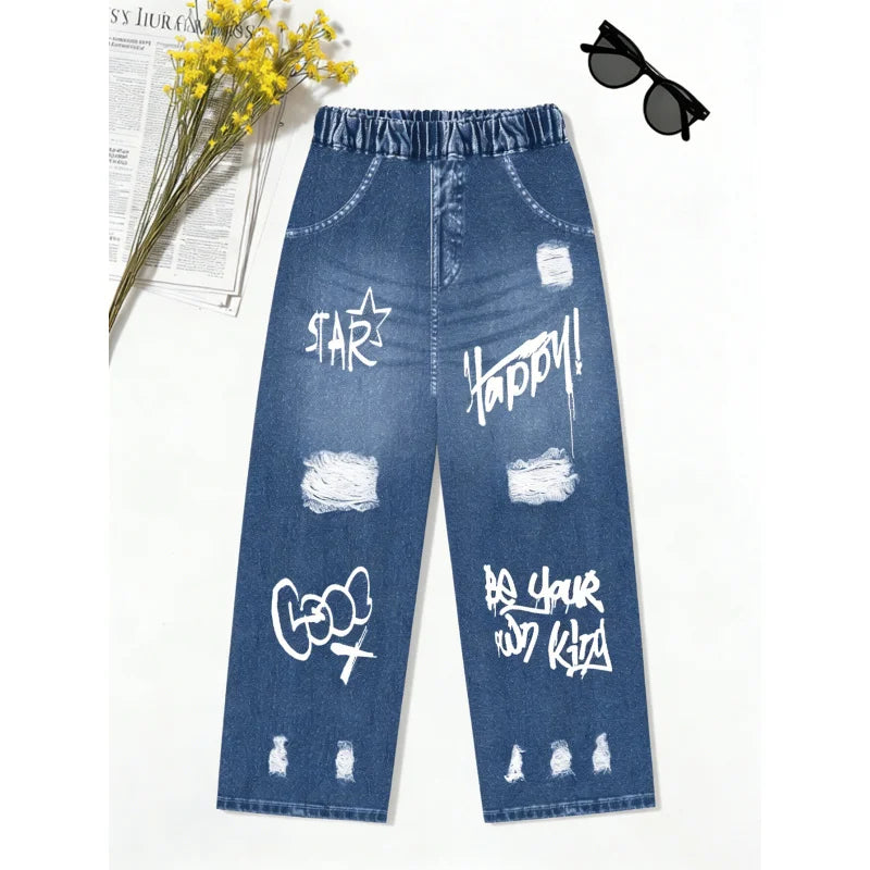 2026Children's English+Ripped Faux Denim Jeans Children's Campus Fashion Street Casual Pants