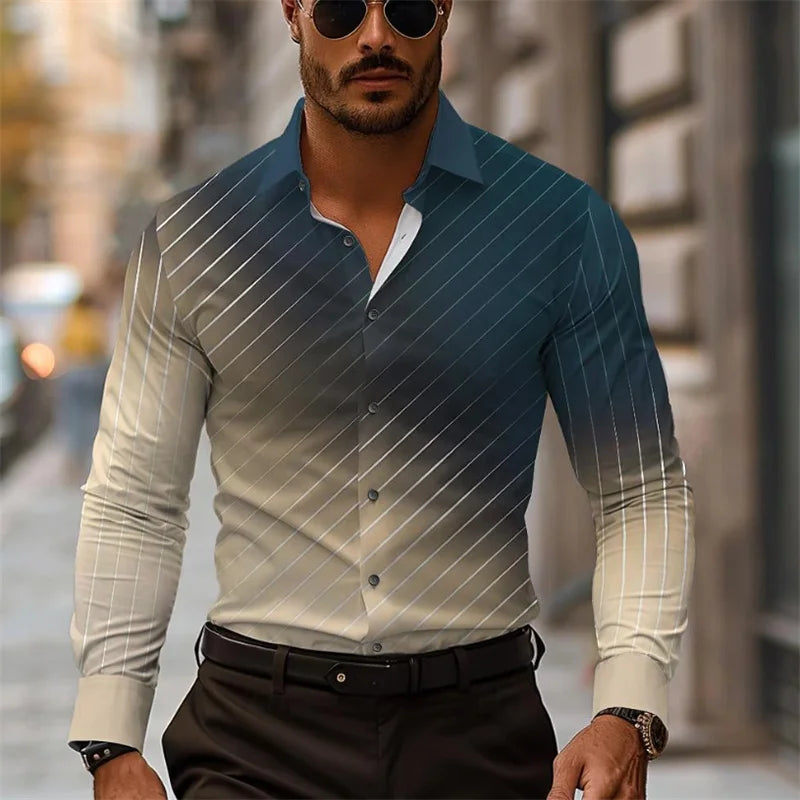 New Men's Striped Long-Sleeved Shirt, Stylish Design, Lapel Collar, Casual and Trendy Men's Top, Outdoor and Street Style