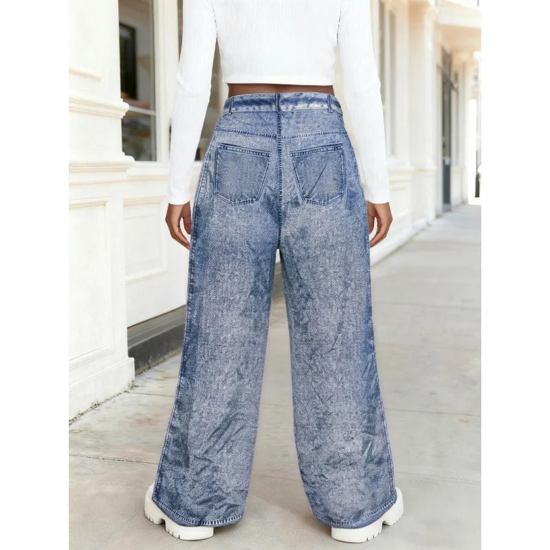 Hot Sale Kids Girls Cartoon Bunny Print Ripped Wide Leg Faux Jeans - Fashionable Ripped Faux Jeans for Kids Streetwear