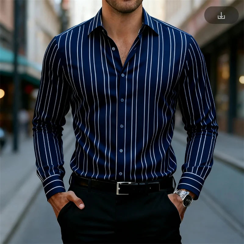 New Men's Striped Long-Sleeved Shirt, Stylish Design, Lapel Collar, Casual and Trendy Men's Top, Outdoor and Street Style