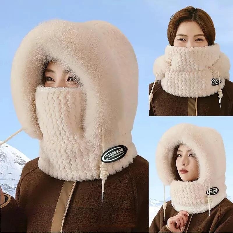 Women's Winter Thermal Hood Soft Plush Hat with Scarf and Mask, Windproof Ear Protection for Outdoor Riding and Cycling