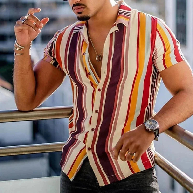 2026 New Men's Fashion Striped Printed Short Sleeved T-shirt Summer Top Men's Button Casual T-shirt Clothing