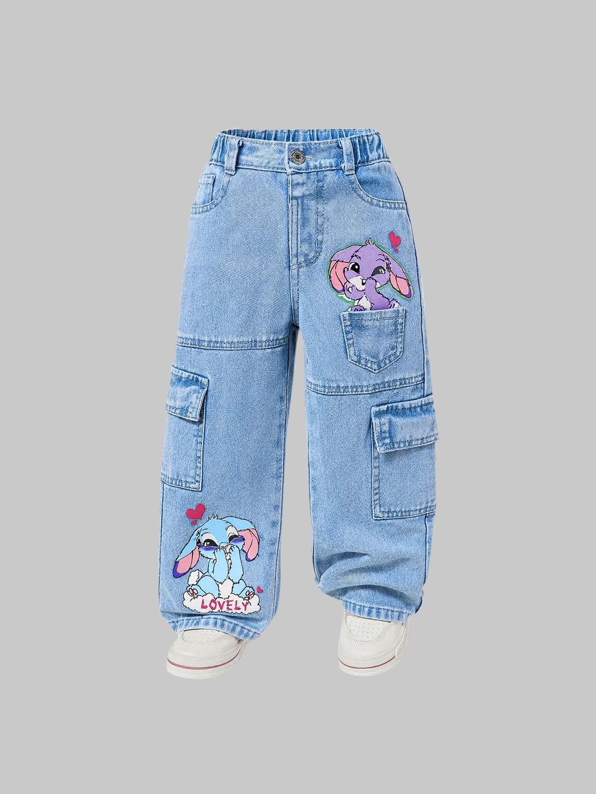 2Pcs Girls' Spring/Summer Outfit: Cute Cartoon Rabbit Print Short Sleeve T-Shirt + Elastic Waist Faux Denim Print Straight-Leg Pants, Fashionable and Playful Youthful Clothing for Girls, Suitable for Daily Wear, Home, Outdoor
