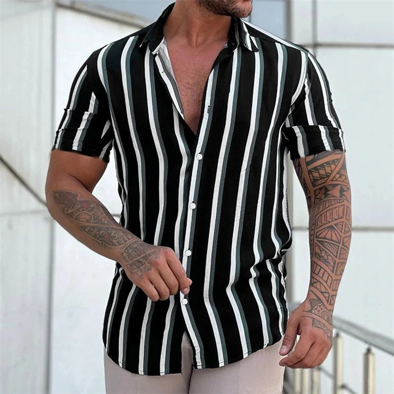2026 New Men's Fashion Striped Printed Short Sleeved T-shirt Summer Top Men's Button Casual T-shirt Clothing