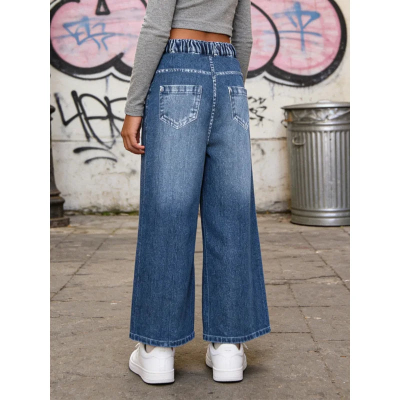 2026Children's English+Ripped Faux Denim Jeans Children's Campus Fashion Street Casual Pants