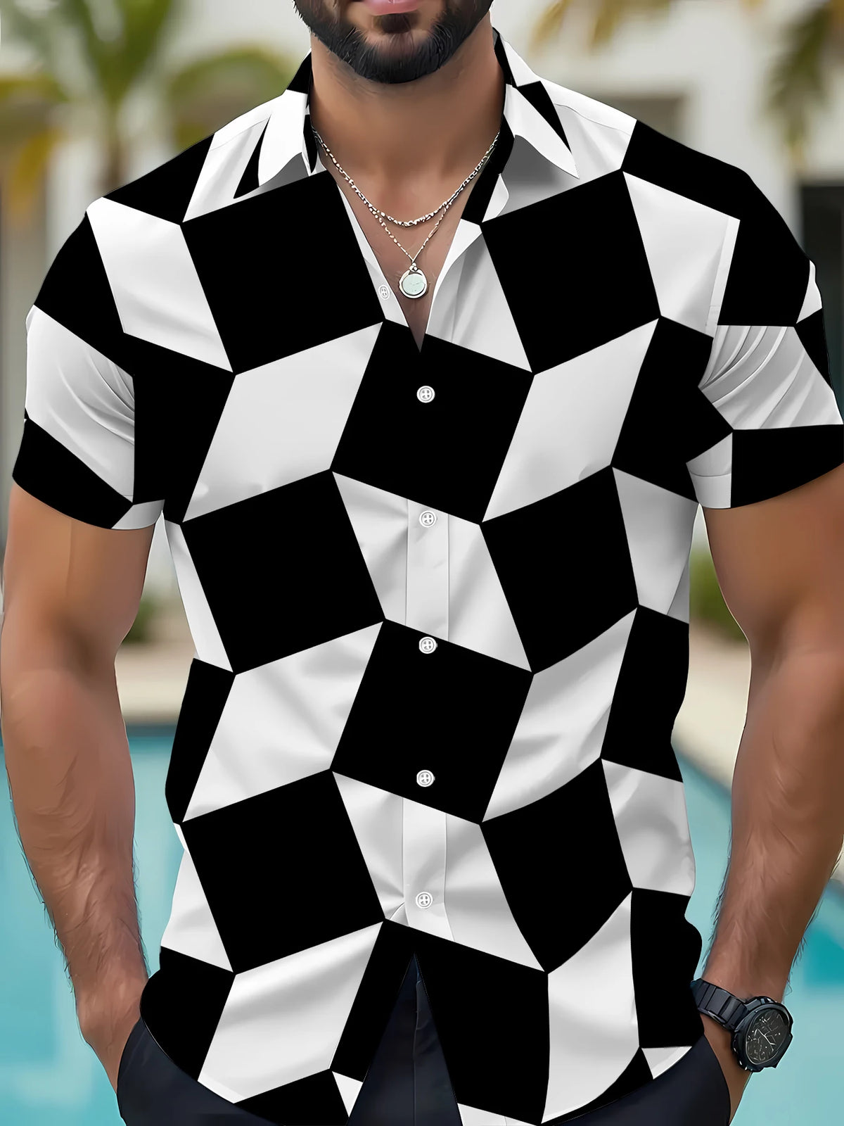 2026 Summer New Style Men's Short-Sleeved Shirt with 3D Check Pattern Print Street Casual Fashion Comfortable and Soft