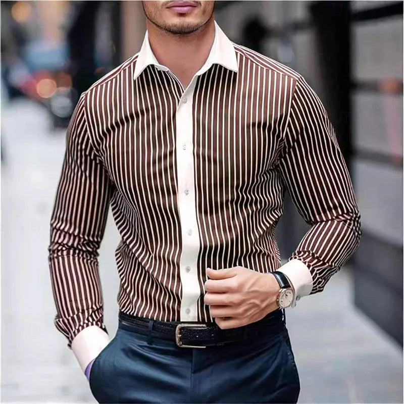 New Men's Striped Long-Sleeved Shirt, Stylish Design, Lapel Collar, Casual and Trendy Men's Top, Outdoor and Street Style