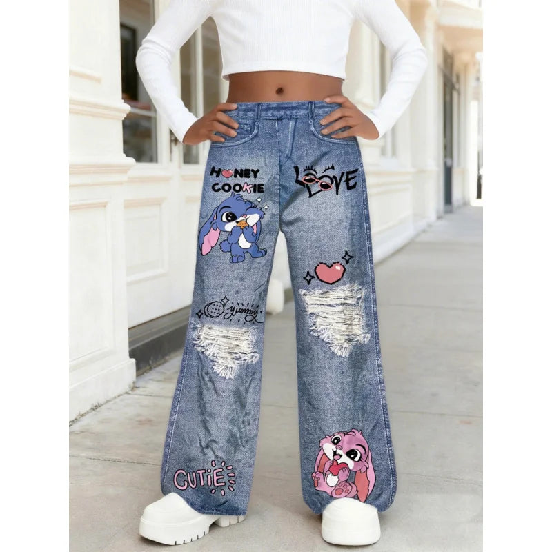 Hot Sale Kids Girls Cartoon Bunny Print Ripped Wide Leg Faux Jeans - Fashionable Ripped Faux Jeans for Kids Streetwear