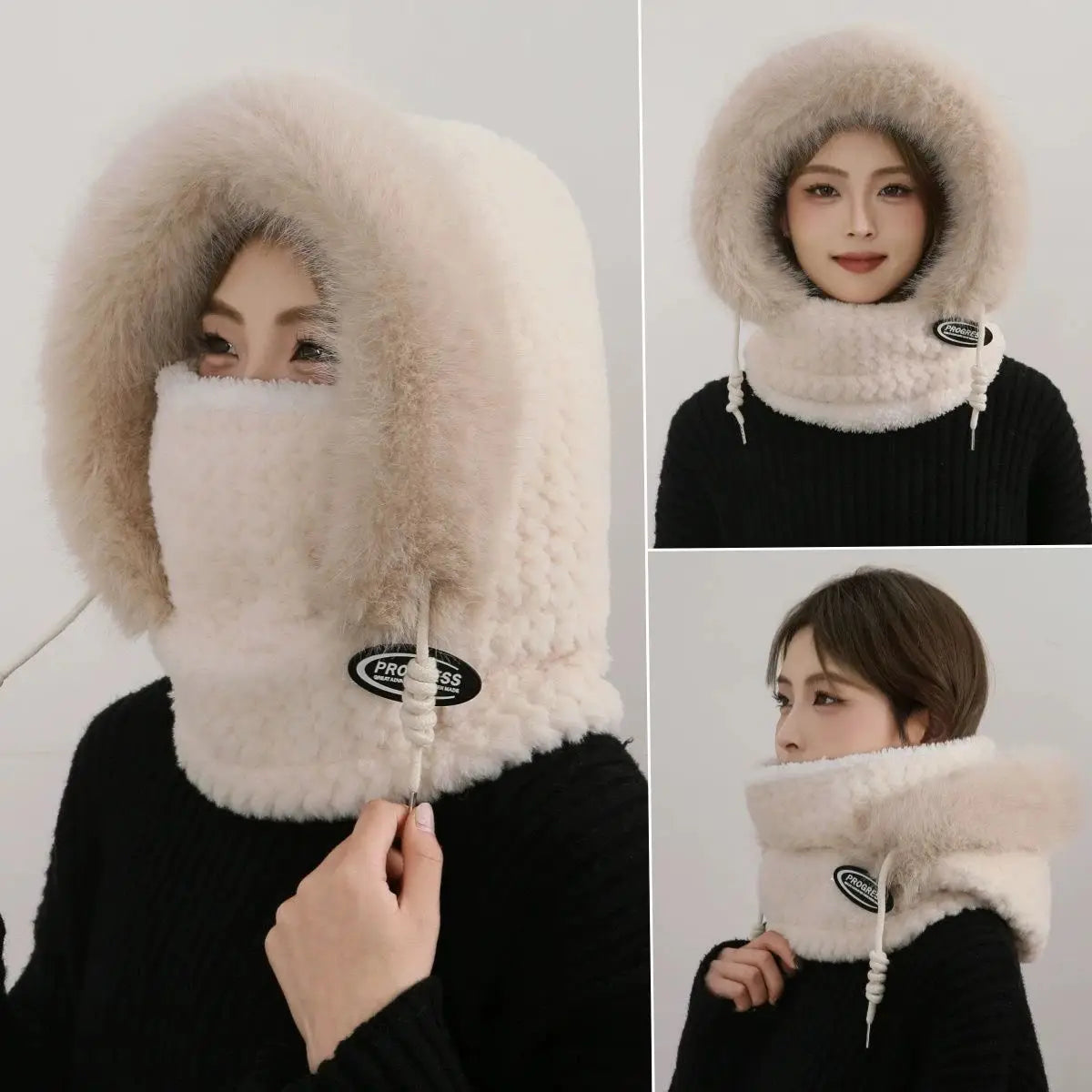 Women's Winter Thermal Hood Soft Plush Hat with Scarf and Mask, Windproof Ear Protection for Outdoor Riding and Cycling