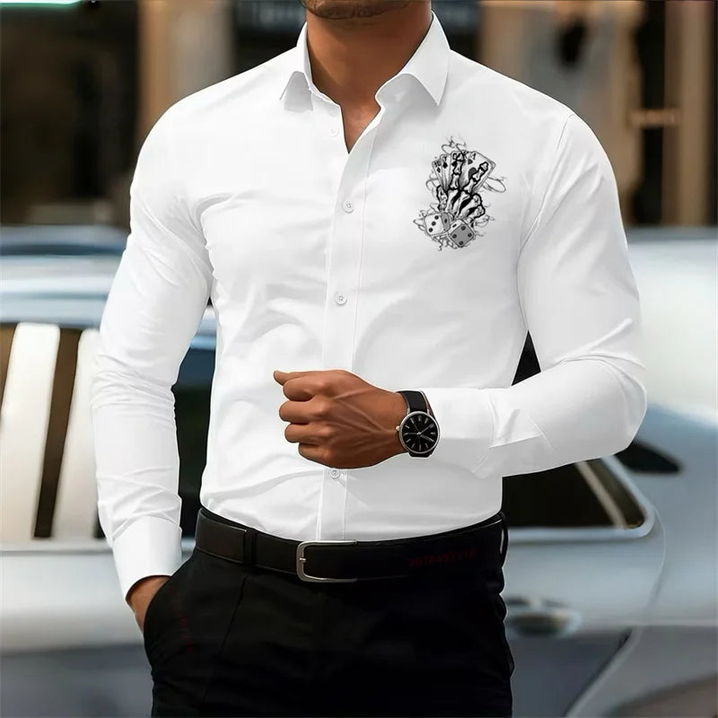 Men's Slim-Fit Long-Sleeve White Shirt with Poker Skull Print Design, Stylish Business Shirt, Outdoor Street Casual Men's Top