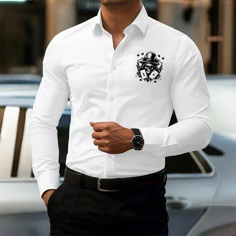 Men's Slim-Fit Long-Sleeve White Shirt with Poker Skull Print Design, Stylish Business Shirt, Outdoor Street Casual Men's Top